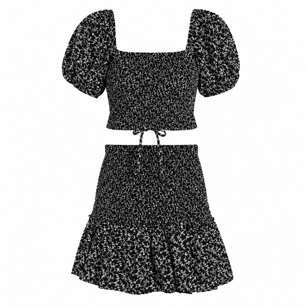 Japna Floral Smocked Skirt Set XS Black Excellent Puff Sleeve Crop Top Boho